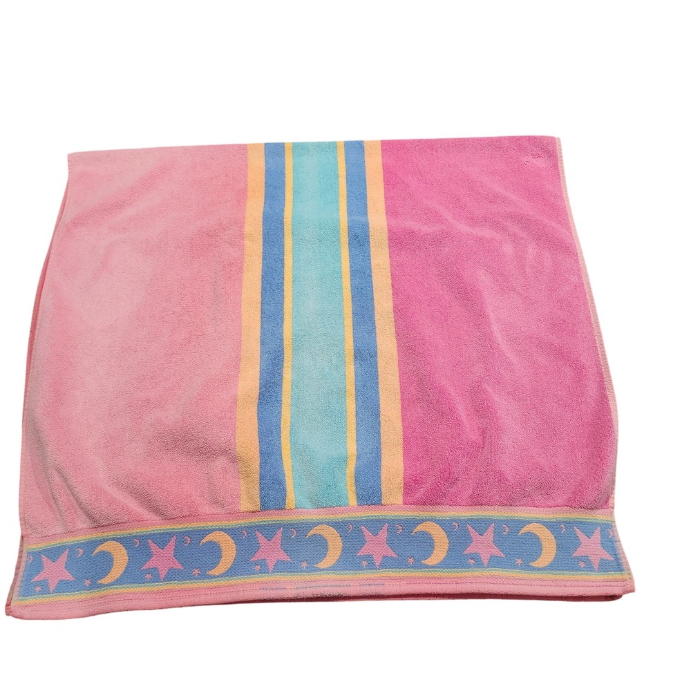 TerriSol Beach Towel Pink Celestial Stars Moon Striped Cotton Vintage Summer